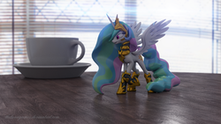 Size: 1920x1080 | Tagged: safe, artist:thelunagames, princess celestia, alicorn, pony, g4, 3d, armor, cinema 4d, cup, female, photorealistic, plate, solo, spread wings, table, teacup, wings