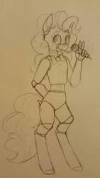 Size: 747x1328 | Tagged: safe, artist:doekitty, pinkie pie, earth pony, anthro, unguligrade anthro, g4, animatronic pony, bowtie, female, five nights at freddy's, microphone, monochrome, peace sign, pencil drawing, solo, traditional art