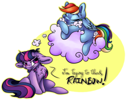 Size: 5046x4009 | Tagged: safe, artist:cutepencilcase, rainbow dash, twilight sparkle, pony, g4, absurd resolution, chest fluff, cloud, simple background, text, thought bubble, transparent background