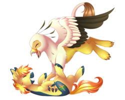 Size: 3279x2626 | Tagged: safe, artist:scarlet-spectrum, oc, oc only, oc:vistamage, oc:yaktan, griffon, pony, duo, eyes closed, high res, male, simple background, smiling, stallion, tickling, transparent background