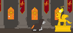 Size: 1109x516 | Tagged: safe, daybreaker, oc, oc only, oc:edward blaze, pony, a royal problem, g4, banner, broken, cathedral, church, gold, ms paint, pillar, priest, ruin, ruins, stained glass, statue, window