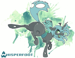 Size: 1651x1280 | Tagged: safe, artist:whisperfoot, queen chrysalis, changeling, g4, angry, bucking, crown, female, horn, jewelry, legs in air, looking back, looking up, regalia, solo, standing, standing on one leg, tongue out, wings