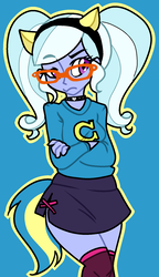 Size: 1013x1764 | Tagged: safe, artist:/d/non, sugarcoat, equestria girls, g4, 30 minute art challenge, alternate hairstyle, blue background, canterlot sweater, clothes, collar, female, glasses, kneesocks, pigtails, simple background, skirt, socks, solo, spiked collar, twintails, wondercolts uniform
