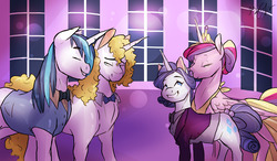 Size: 1280x750 | Tagged: dead source, safe, artist:shellielle, prince blueblood, princess cadance, rarity, shining armor, alicorn, pony, unicorn, g4, alternate hairstyle, alternate universe, bowtie, commission, couple, female, gay, grand galloping gala, group, lesbian, male, mare, party, raridance, shiningblood, shipping, smiling, stallion