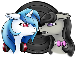 Size: 600x462 | Tagged: safe, artist:puppet-runo, dj pon-3, octavia melody, vinyl scratch, earth pony, pony, unicorn, g4, commission, gritted teeth, simple background, white background