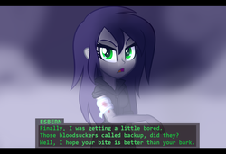 Size: 1024x701 | Tagged: dead source, safe, artist:wubcakeva, oc, oc only, oc:esbern, vampire, equestria girls, g4, bandage, blood, clothes, dialogue, equestria girls-ified, female, looking at you, solo, text