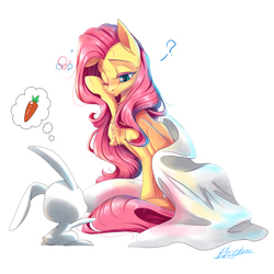 Size: 1890x1890 | Tagged: safe, artist:icerrhythm, angel bunny, fluttershy, pony, g4, blanket, carrot, chest fluff, food, lidded eyes, one eye closed, simple background, sitting, sleepy, thought bubble, waking up, white background