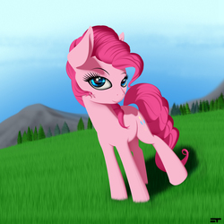 Size: 2400x2400 | Tagged: safe, artist:styroponyworks, pinkie pie, earth pony, pony, g4, female, grass field, high res, looking at you, mare, mountain, scenery, sky, smiling, solo, tree