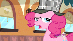Size: 640x360 | Tagged: safe, screencap, pinkie pie, earth pony, pony, g4, mmmystery on the friendship express, season 2, all new, animated, blowing bubbles, bubble, bubble pipe, deerstalker, detective, female, gif, hat, hub logo, pipe, reaction image, sherlock holmes, sherlock pie, solo, text