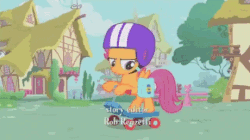 Size: 460x257 | Tagged: safe, artist:kroboproductions, screencap, scootaloo, pony, friendship is gic, friendship is gic: what a story mark crusaders, g4, the show stoppers, animated, credits, cute, female, funny, gif, open mouth, smiling, solo, youtube link, youtube poop