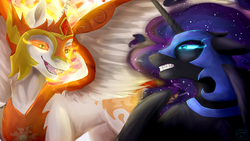 Size: 1920x1080 | Tagged: safe, artist:creativeflamesstudio, daybreaker, nightmare moon, alicorn, pony, a royal problem, g4, angry, armor, female, fire, glowing eyes, grin, mare, royal sisters, smiling