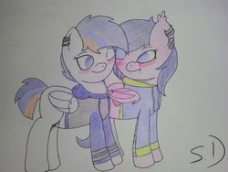 Size: 960x720 | Tagged: safe, oc, oc only, oc:astral ace, oc:sapphire dawn, bat pony, pegasus, pony, blushing, clothes, colored, cute, ear piercing, eyes closed, gauges, hoodie, piercing, shipping, snake bites, traditional art