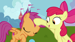 Size: 8807x5000 | Tagged: safe, artist:frownfactory, apple bloom, scootaloo, earth pony, pegasus, pony, forever filly, g4, absurd resolution, adorabloom, ball, behaving like a dog, cute, cutealoo, cutie mark, female, filly, head pat, pat, scootapup, the cmc's cutie marks, vector, wings