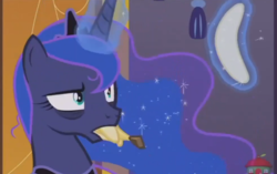 Size: 698x438 | Tagged: safe, screencap, princess luna, pony, a royal problem, g4, bags under eyes, banana, banana peel, eating, female, food, herbivore, majestic as fuck, mare, out of context, solo, tired