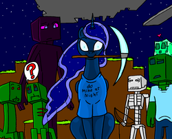 Size: 1371x1106 | Tagged: safe, artist:large-rarge, princess luna, pony, gamer luna, g4, clothes, crossover, minecraft, pickaxe, scary eyes, shirt, t-shirt