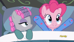 Size: 400x225 | Tagged: safe, screencap, maud pie, pinkie pie, earth pony, pony, g4, rock solid friendship, animated, bed, clapping, clothes, cute, diapinkes, discovery family logo, duo, female, gif, hair curlers, hoofy-kicks, loop, mare, pajamas, pie sisters pajamas, pillow, sisters