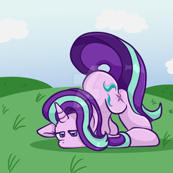 Size: 1024x1024 | Tagged: safe, artist:yoshimarsart, starlight glimmer, pony, unicorn, g4, cloud, face down ass up, faceplant, female, lidded eyes, obtrusive watermark, solo, tripping, unamused, watermark