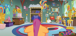 Size: 2230x1080 | Tagged: safe, screencap, scootaloo, pony, g4, parental glideance, dashmentos, female, floppy ears, rainbow dash rug, solo, trophy