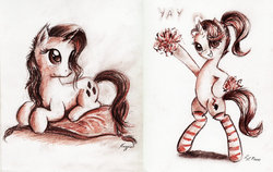 Size: 1024x646 | Tagged: safe, artist:lailyren, artist:magfen, rarity, starlight glimmer, pony, unicorn, g4, cheerleader, clothes, pom pom, socks, striped socks, traditional art