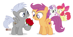 Size: 1050x540 | Tagged: safe, artist:dm29, apple bloom, chipcutter, scootaloo, sweetie belle, earth pony, pony, forever filly, g4, commission, cutie mark crusaders, flower, rose, scootachip, shipping, simple background, transparent background