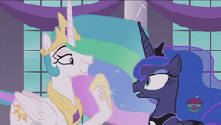 Size: 1920x1080 | Tagged: safe, screencap, princess celestia, princess luna, alicorn, pony, a royal problem, g4, canterlot castle, eye contact, female, frown, grin, hoof over mouth, lidded eyes, looking at each other, mare, open mouth, pointing, raised eyebrow, raised hoof, shit eating grin, smiling, smuglestia, squee, stare, treehouse logo, trollestia, wide eyes