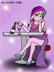 Size: 768x1024 | Tagged: safe, artist:ajrrhvk12, dean cadance, princess cadance, equestria girls, g4, alcohol, blushing, clothes, dress, female, flower, flower in hair, glass, high heels, look, looking at you, side slit, sitting, solo, table, wine, wine glass