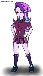 Size: 720x1280 | Tagged: safe, artist:ajrrhvk12, starlight glimmer, equestria girls, g4, beanie, clothes, crystal prep academy uniform, cute, eyeshadow, female, grin, hat, high heels, legs, looking at you, makeup, miniskirt, pleated skirt, school uniform, shoes, simple background, skirt, smiling, socks, solo, white background