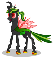 Size: 1572x1724 | Tagged: safe, artist:watermelon changeling, derpibooru exclusive, oc, oc only, oc:corteza, changeling, changeling queen, changeling loves watermelon, changeling oc, changeling queen oc, female, food, ms paint, open mouth, simple background, solo, watermelon, white background