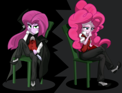 Size: 2900x2200 | Tagged: safe, artist:geraritydevillefort, pinkie pie, equestria girls, g4, chair, clothes, dr jekyll, dr jekyll and mr hyde, dr pinkie and miss pie, duality, high res, knife, looking at you, mr hyde, pinkamena diane pie, smiling