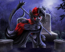 Size: 1024x819 | Tagged: safe, artist:aschenstern, oc, oc only, alicorn, pony, alicorn oc, commission, female, gravestone, graveyard, looking at you, mare, moon, red and black oc, red eyes, scythe, solo