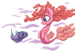 Size: 2800x2000 | Tagged: safe, artist:kovoranu, pinkie pie, fish, merpony, seapony (g4), g4, blue eyes, dorsal fin, female, fish tail, flowing mane, flowing tail, high res, pink mane, seaponified, seapony pinkie pie, simple background, smiling, solo, species swap, tail, underwater, white background