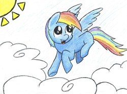 Size: 1619x1192 | Tagged: safe, artist:coloringrainclouds, rainbow dash, pony, g4, female, flying, missing cutie mark, solo, traditional art