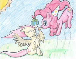 Size: 3300x2550 | Tagged: safe, artist:coloringrainclouds, fluttershy, pinkie pie, pony, g4, hat, high res, party hat, party horn, prehensile mane, present, puffy cheeks, traditional art, windswept mane