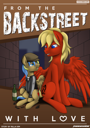 Size: 2480x3508 | Tagged: safe, artist:jcosneverexisted, oc, oc only, oc:gabriel titanfeather, oc:patches, oc:rack redstar, pegasus, pony, comic:from the backstreet with love, art, backstreet, cheeki breeki, comic, cover, gopnik, high res, male, size difference, tracksuit