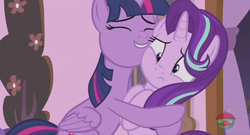 Size: 1871x1012 | Tagged: safe, screencap, starlight glimmer, twilight sparkle, alicorn, pony, a royal problem, g4, hug, nuzzling, smiling, twilight sparkle (alicorn)