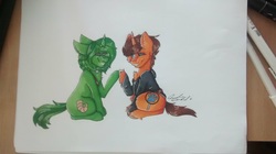 Size: 2592x1456 | Tagged: safe, artist:pinkcloudhugger, oc, oc only, pony, shipping, traditional art