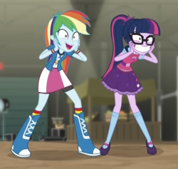 Size: 601x570 | Tagged: safe, screencap, rainbow dash, sci-twi, twilight sparkle, equestria girls, equestria girls specials, g4, my little pony equestria girls: movie magic, boots, clothes, cropped, cute, dashabetes, duo, faic, female, flats, geode of super speed, geode of telekinesis, glasses, magical geodes, open mouth, shoes, skirt, smiling, socks, squee, striped socks, twiabetes