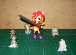 Size: 1169x850 | Tagged: safe, sunset shimmer, equestria girls, g4, doll, equestria girls minis, eqventures of the minis, female, godzilla (series), hamtaro, irl, kiryu (godzilla series), mechagodzilla, photo, toy