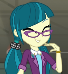 Size: 997x1077 | Tagged: safe, screencap, juniper montage, equestria girls, movie magic, spoiler:eqg specials, ^^, adorkable, baubles, beautiful, blazer, bracelet, clothes, cropped, cute, dork, eyes closed, female, glasses, grin, hair tie, jewelry, junibetes, pigtails, proud, shirt, smiling, solo, twintails
