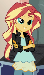 Size: 579x981 | Tagged: safe, screencap, sunset shimmer, equestria girls, equestria girls specials, g4, my little pony equestria girls: movie magic, clothes, cropped, crossed arms, female, jacket, leather jacket, solo