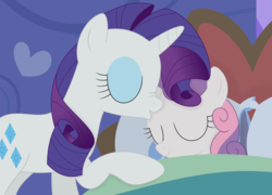 Size: 3546x2550 | Tagged: safe, artist:porygon2z, rarity, sweetie belle, pony, unicorn, g4, bed, belle sisters, duo, female, filly, foal, forehead kiss, good night, goodnight, goodnight kiss, high res, kissing, mare, platonic kiss, precious, scrunchy face, sibling love, siblings, sisterly love, sisters, vector
