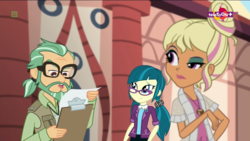 Size: 1920x1080 | Tagged: safe, screencap, canter zoom, chestnut magnifico, juniper montage, equestria girls, g4, movie magic, spoiler:eqg specials, clipboard, india movie set, teletoon, uncle and niece