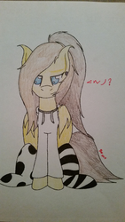 Size: 2988x5312 | Tagged: safe, artist:lunarspectrum, oc, oc only, oc:yoru, pegasus, pony, clothes, ear piercing, earring, high res, hoodie, jewelry, langauge barrier, mismatched socks, not happy, piercing, ponytail, simple background, socks, solo, striped socks, traditional art, white background