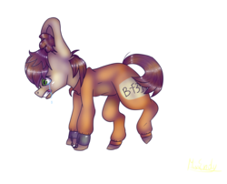 Size: 3103x2503 | Tagged: safe, artist:missendy, feather bangs, pony, g4, hard to say anything, abuse, anatomically incorrect, big ears, broken leg, clothes, crying, ear fluff, high res, male, prison outfit, prisoner, restrained, sad, shackled, shackles, shocked, simple background, solo, transparent background, traumatized