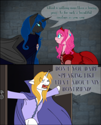 Size: 1280x1585 | Tagged: safe, artist:stuflox, nightmare moon, pinkie pie, prince blueblood, princess luna, alicorn, earth pony, pony, unicorn, g4, angry, cape, clothes, comic, crossover, dance of the vampires, dialogue, dress, female, implied gay, looking at each other, male, mare, prince artemis, rule 63, speech bubble, yelling