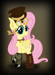 Size: 5905x7993 | Tagged: safe, artist:steam-loco, fluttershy, parasprite, pegasus, pony, g4, absurd resolution, boots, clothes, collar, female, fishnet stockings, glasses, hat, looking at you, mare, raised hoof, smiling, solo, spiked collar, steampunk, top hat, vector