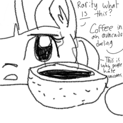 Size: 1280x1280 | Tagged: safe, artist:tjpones, rarity, twilight sparkle, pony, unicorn, g4, avocado, black and white, coffee, dialogue, ear fluff, food, grayscale, monochrome, offscreen character, racism, simple background, white background