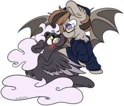 Size: 5802x4960 | Tagged: safe, artist:cutepencilcase, oc, oc only, oc:dream catcher, oc:smokefly, bat pony, pegasus, pony, absurd resolution, blushing, clothes, commission, female, glasses, looking at each other, male, mare, simple background, smiling, stallion, straight, transparent background