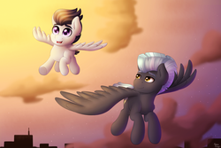 Size: 3000x2000 | Tagged: safe, artist:spirit-dude, rumble, thunderlane, pegasus, pony, g4, brothers, cloud, colt, cute, flying, high res, male, sky, spread wings, stallion, wings