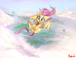 Size: 1400x1080 | Tagged: safe, artist:miokomata, fluttershy, cat, g4, catified, cloud, cute, female, fluttercat, flying, paw pads, paws, shyabetes, signature, sky, smiling, solo, species swap, spread wings, underpaw, wings